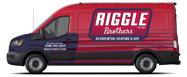 Red service van for a heating and air company with bold Riggle Brothers logo and blue stripe graphics, used for residential heating and air service